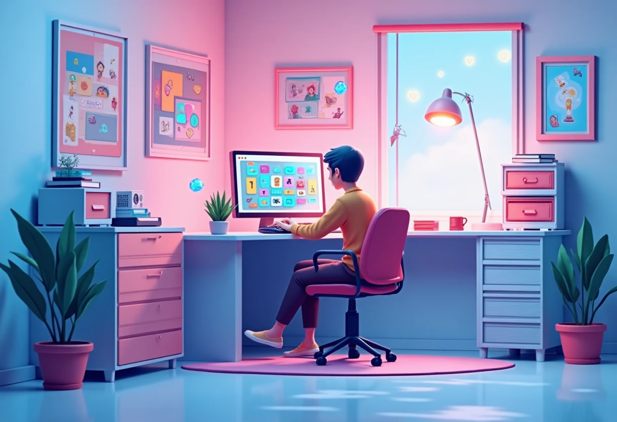 A vibrant digital scene featuring a young gamer sitting at a desk, eagerly exploring a colorful, interactive online platform on a laptop. The room is illuminated with neon lights, showcasing posters of popular games, while floating holographic Robux symbols add a dynamic touch to the atmosphere.